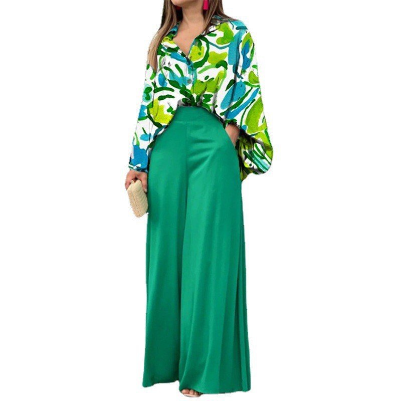 Wholesale Women's Sets Casual Loose Trousers And Print Long Sleeve Cardigan Single Breasted Shirt Woman Two Piece Pants Set