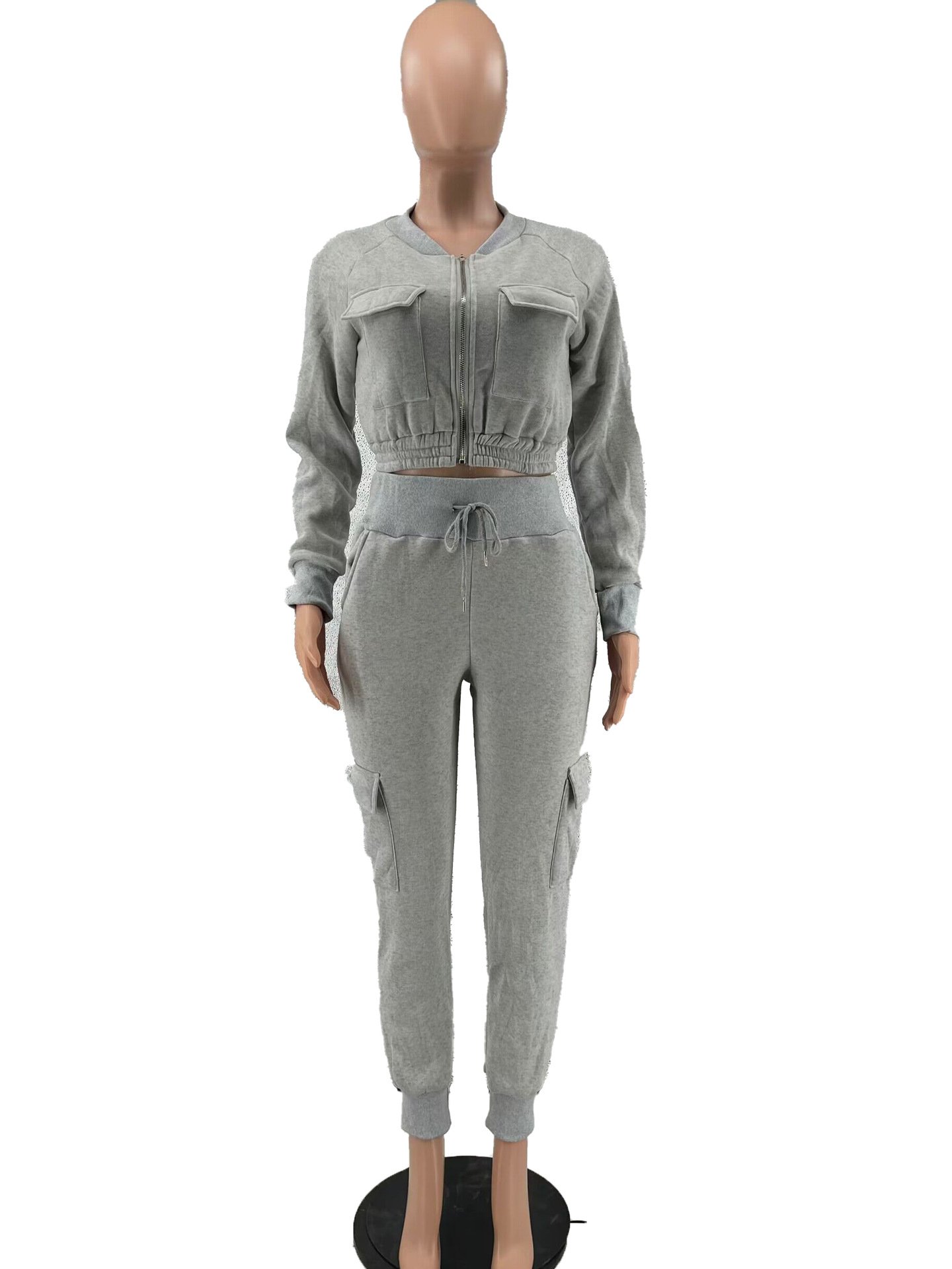 QY Autumn Solid Women Casual Cargo Two Piece Set Tracksuits Long Sleeve Zip-up Hooded Sweatshirts Crop Top Pants Jogger Suits
