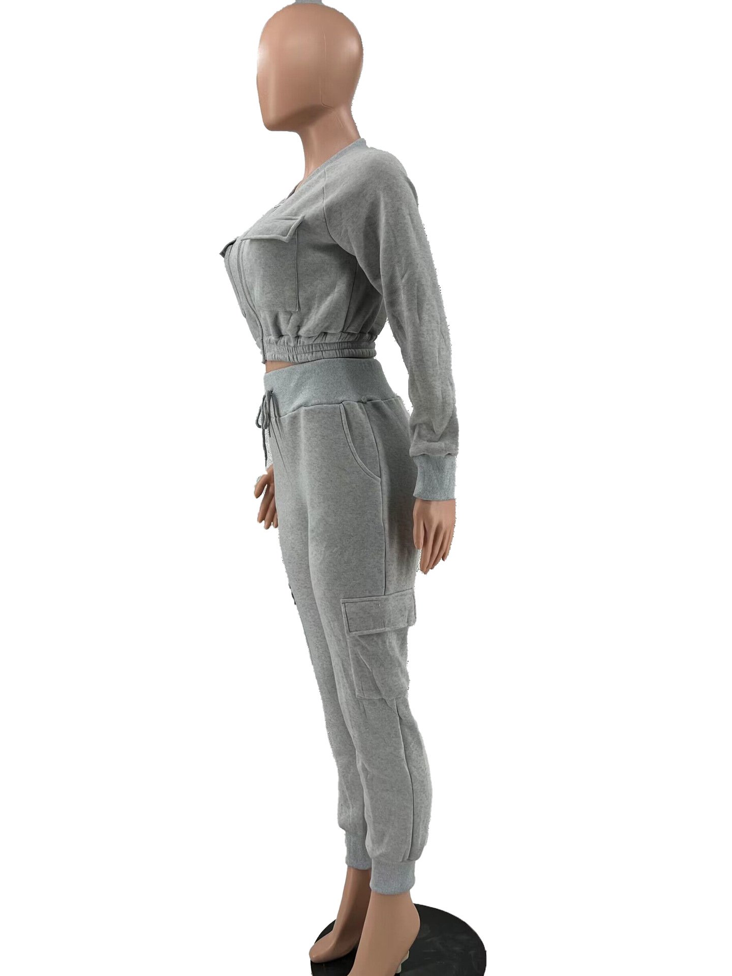 QY Autumn Solid Women Casual Cargo Two Piece Set Tracksuits Long Sleeve Zip-up Hooded Sweatshirts Crop Top Pants Jogger Suits
