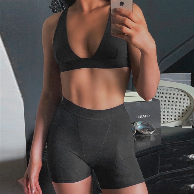 BOJIN 2024 Summer Casual High Stretchy Slim Yoga Gym Sets Wholesale 2-Piece Ribbed O-Neck Plain Dyed Skinny Sets For Women
