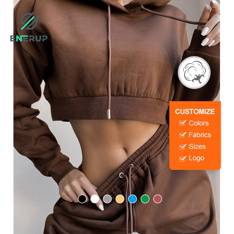 Enerup High Quality women's cropped hoodies sweatshirts plain pullover girls' hoodies set
