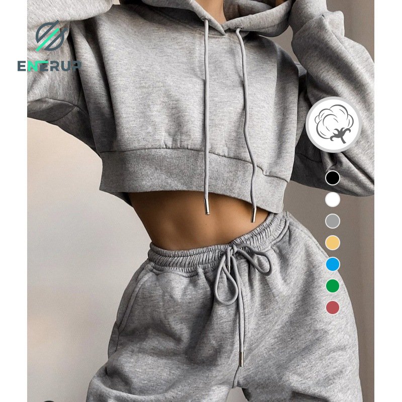 Enerup High Quality women's cropped hoodies sweatshirts plain pullover girls' hoodies set