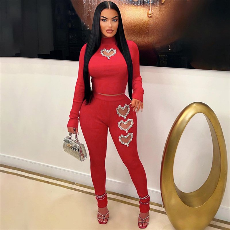 Peeqi K23S38430 Autumn Hollow Out Women's Sets Long Sleeve Rib Top + Leggins Outfits Stretchy 2 Piece Set Women