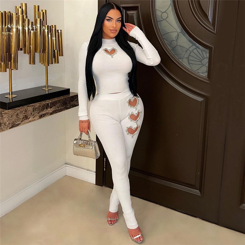 Peeqi K23S38430 Autumn Hollow Out Women's Sets Long Sleeve Rib Top + Leggins Outfits Stretchy 2 Piece Set Women