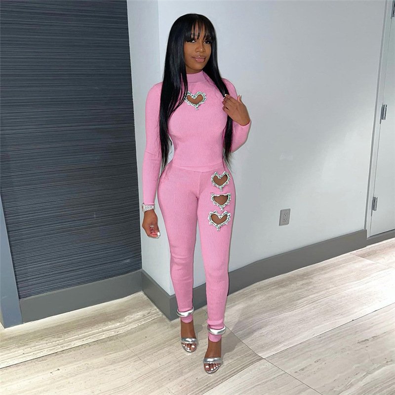Peeqi K23S38430 Autumn Hollow Out Women's Sets Long Sleeve Rib Top + Leggins Outfits Stretchy 2 Piece Set Women