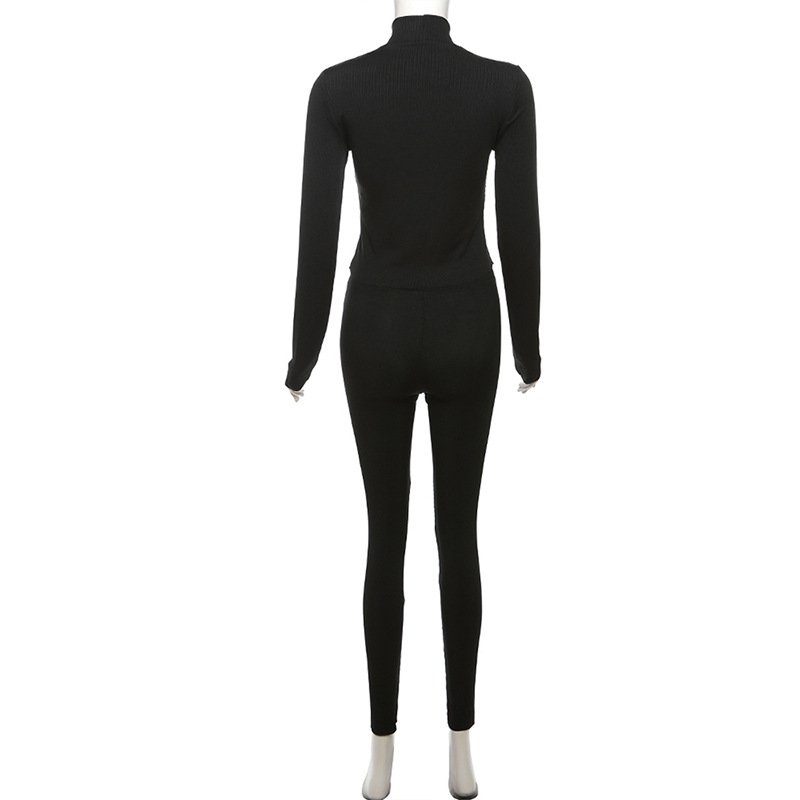 Peeqi K23S38430 Autumn Hollow Out Women's Sets Long Sleeve Rib Top + Leggins Outfits Stretchy 2 Piece Set Women