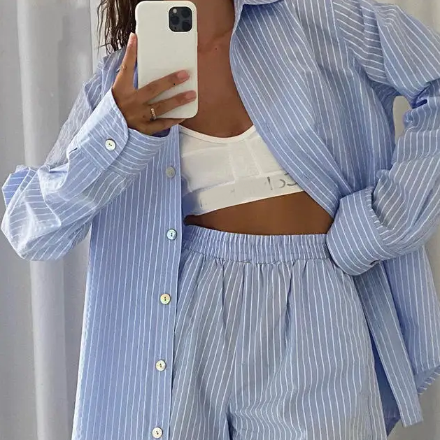 Women's Designer 2-Piece Outfit Fall 2022 Long Sleeve Stripe Blouse Solid Shorts Set Summer Fashion Casual Clothing Loose Fit