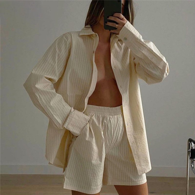 Women's Designer 2-Piece Outfit Fall 2022 Long Sleeve Stripe Blouse Solid Shorts Set Summer Fashion Casual Clothing Loose Fit