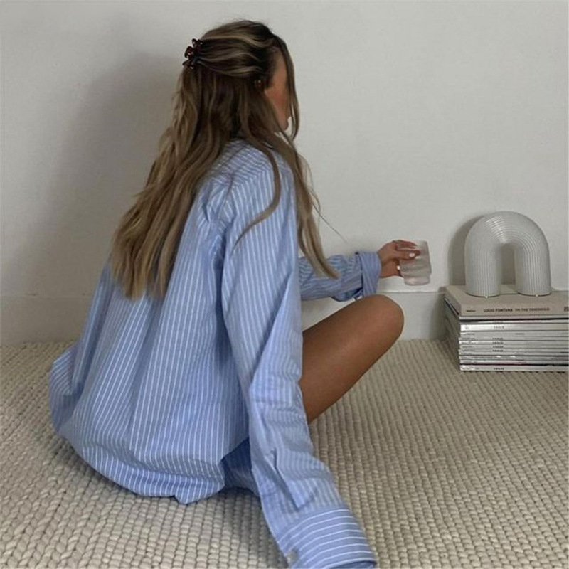 Women's Designer 2-Piece Outfit Fall 2022 Long Sleeve Stripe Blouse Solid Shorts Set Summer Fashion Casual Clothing Loose Fit