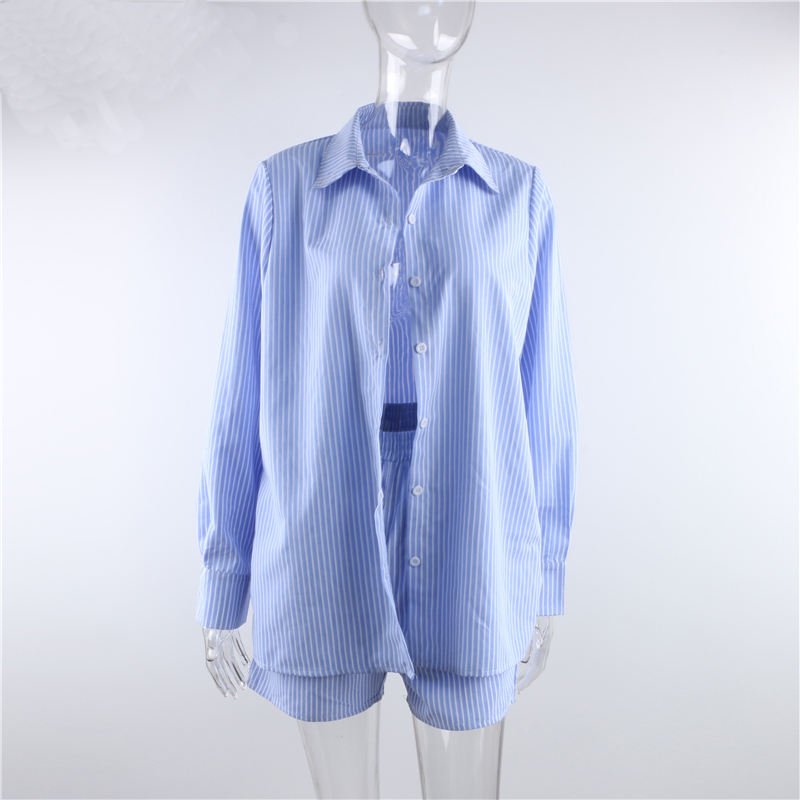 Women's Designer 2-Piece Outfit Fall 2022 Long Sleeve Stripe Blouse Solid Shorts Set Summer Fashion Casual Clothing Loose Fit