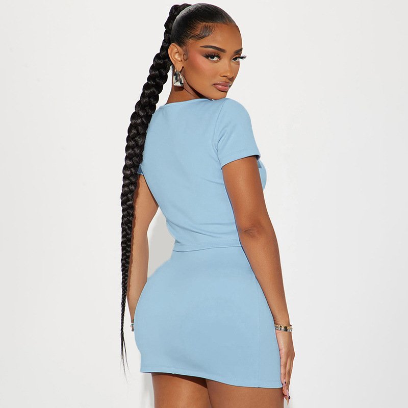 Peeqi D24ST269 summer hollow out short sleeve crop top and split short skirt 2 piece set solid bodycon tie bow sexy women's set