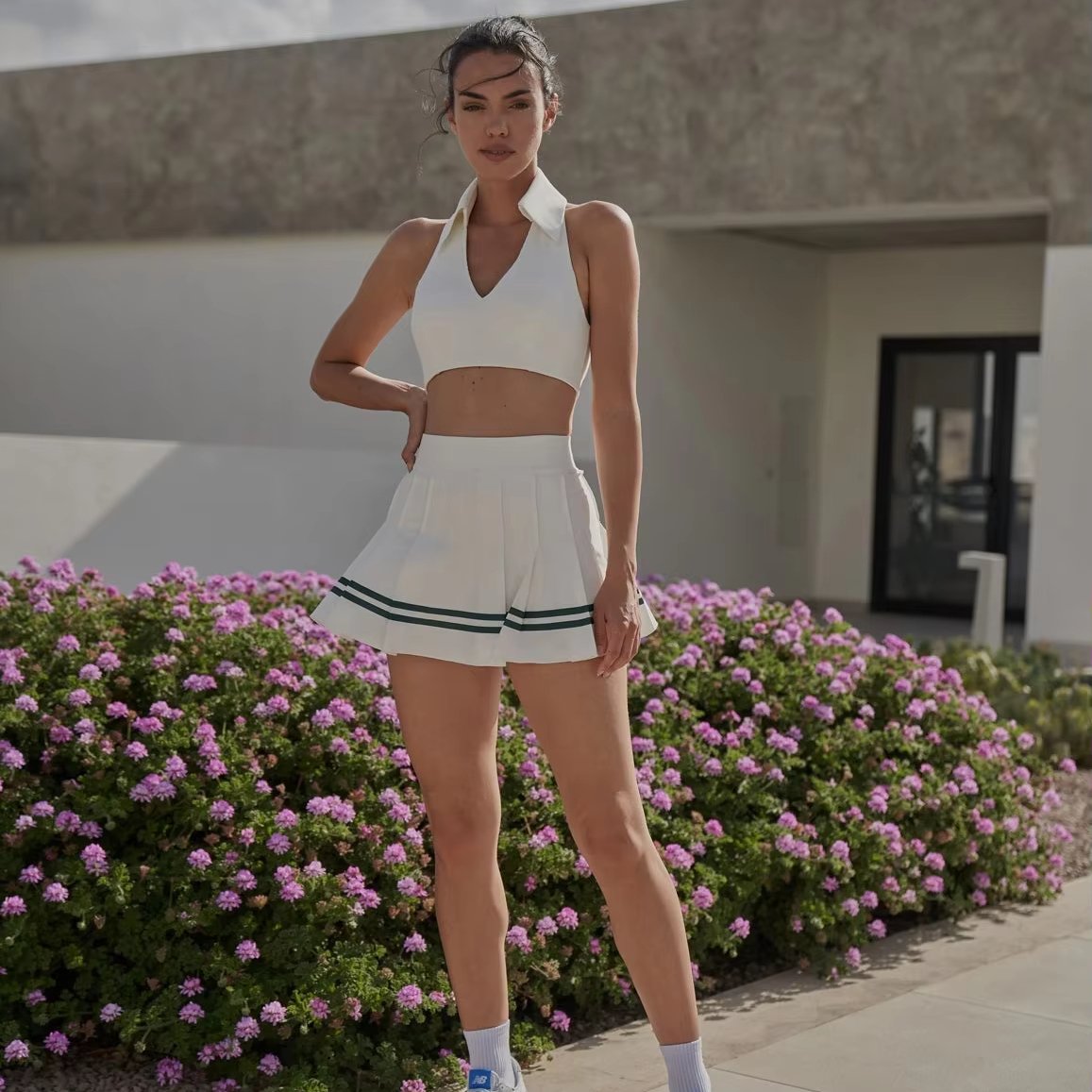 Custom design logo vintage knit crop tank top and skirt knitted sportswear casual fashion women two piece tennis sets