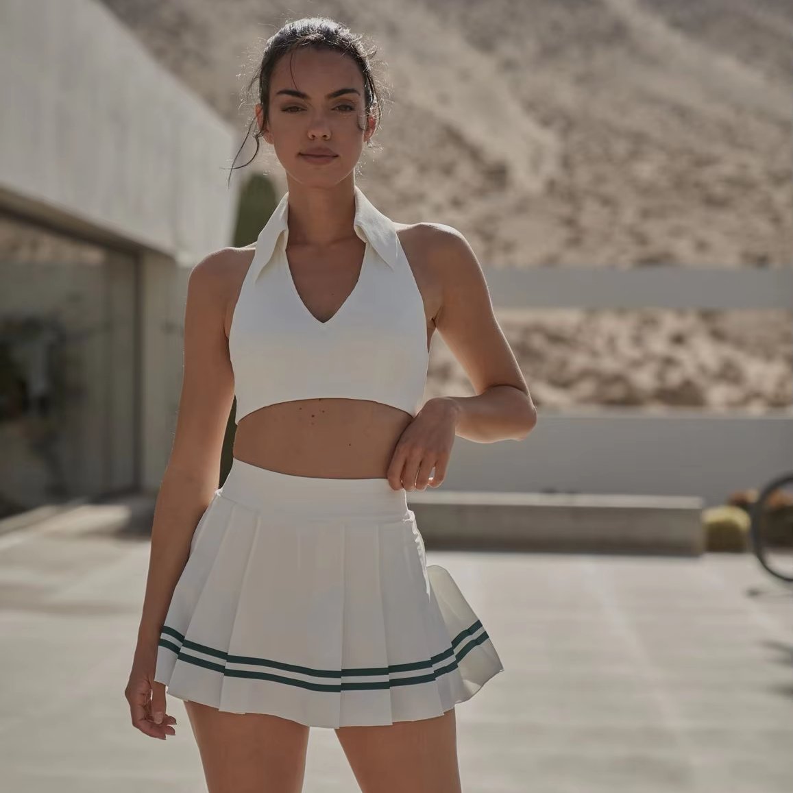 Custom design logo vintage knit crop tank top and skirt knitted sportswear casual fashion women two piece tennis sets