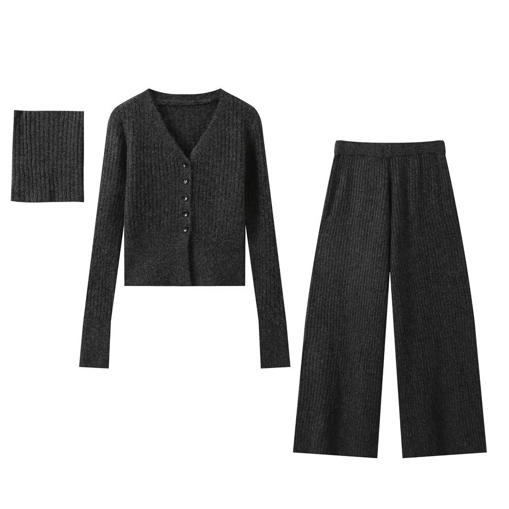 PB&ZA set woman 3 pieces 2024 Fashion knit suit Vintage Contrasting crocheted collar knitwear Female + Pants Women's suit