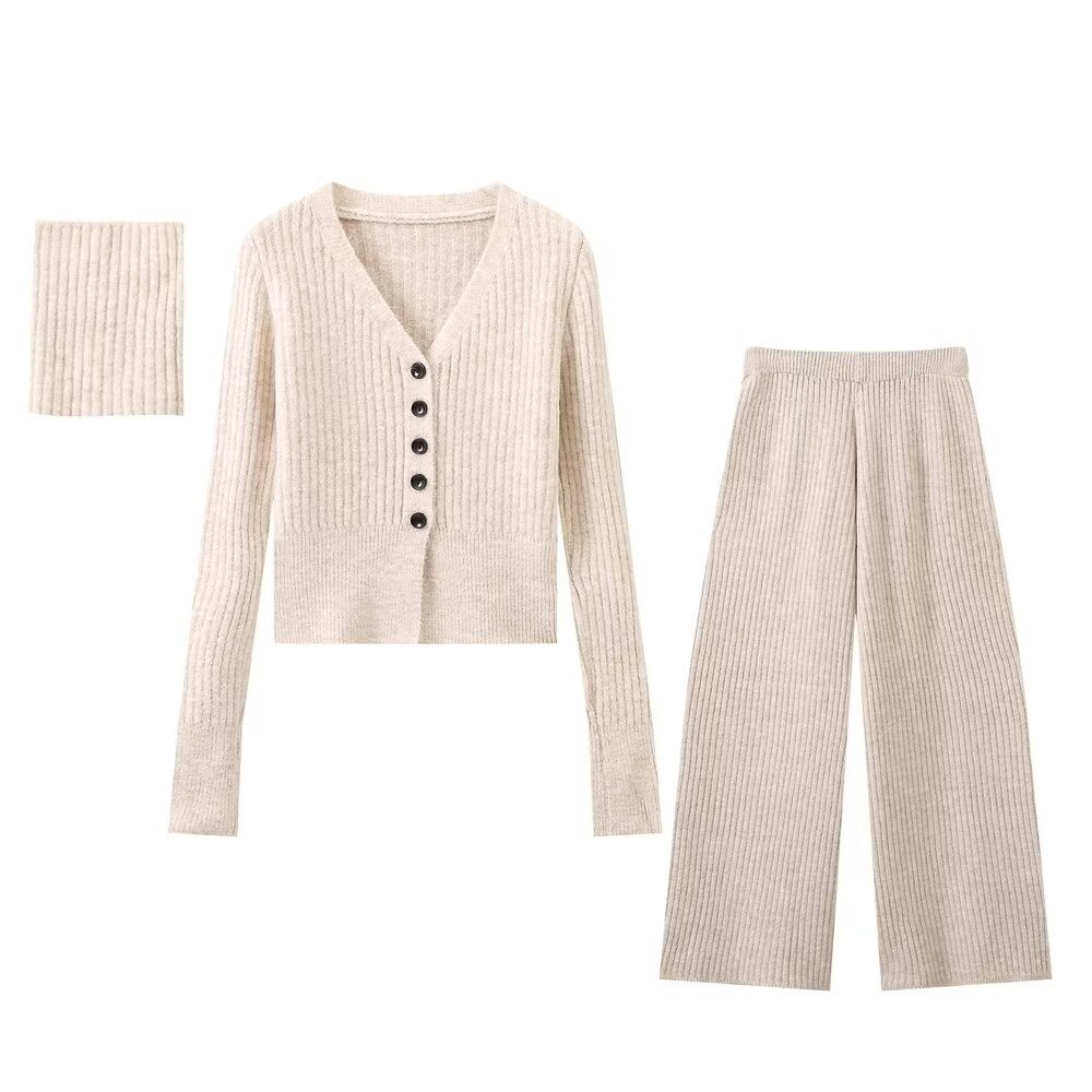 PB&ZA set woman 3 pieces 2024 Fashion knit suit Vintage Contrasting crocheted collar knitwear Female + Pants Women's suit