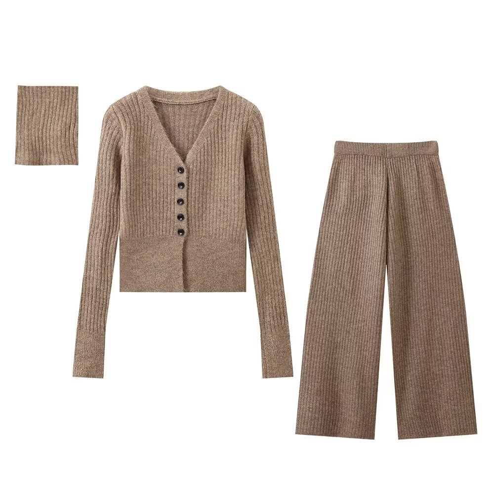 PB&ZA set woman 3 pieces 2024 Fashion knit suit Vintage Contrasting crocheted collar knitwear Female + Pants Women's suit