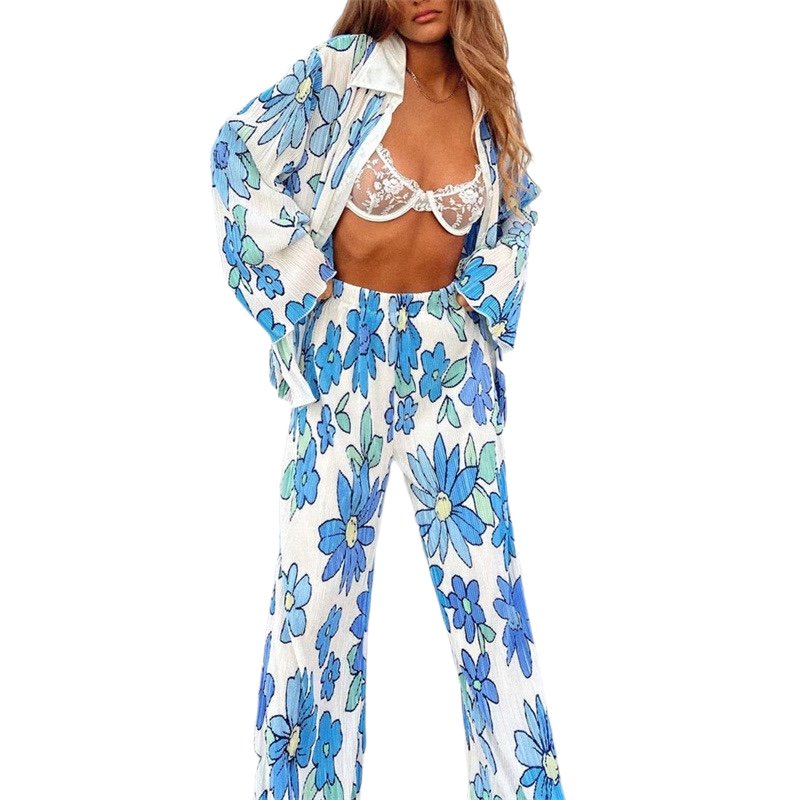Spring Autumn New Women Loose Casual Floral Printed Shirt Blouses Wide Leg Trousers Pants 2 Piece Co Ord Sets Clothing Woven