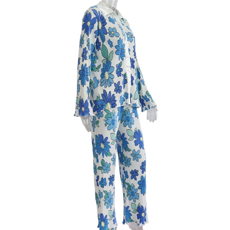 Spring Autumn New Women Loose Casual Floral Printed Shirt Blouses Wide Leg Trousers Pants 2 Piece Co Ord Sets Clothing Woven