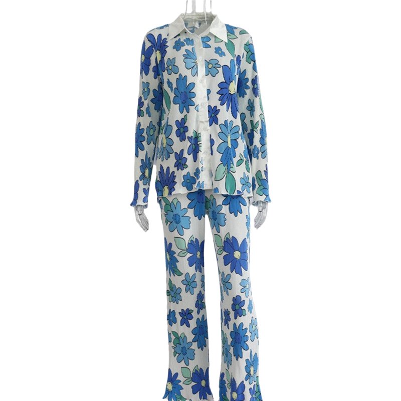Spring Autumn New Women Loose Casual Floral Printed Shirt Blouses Wide Leg Trousers Pants 2 Piece Co Ord Sets Clothing Woven