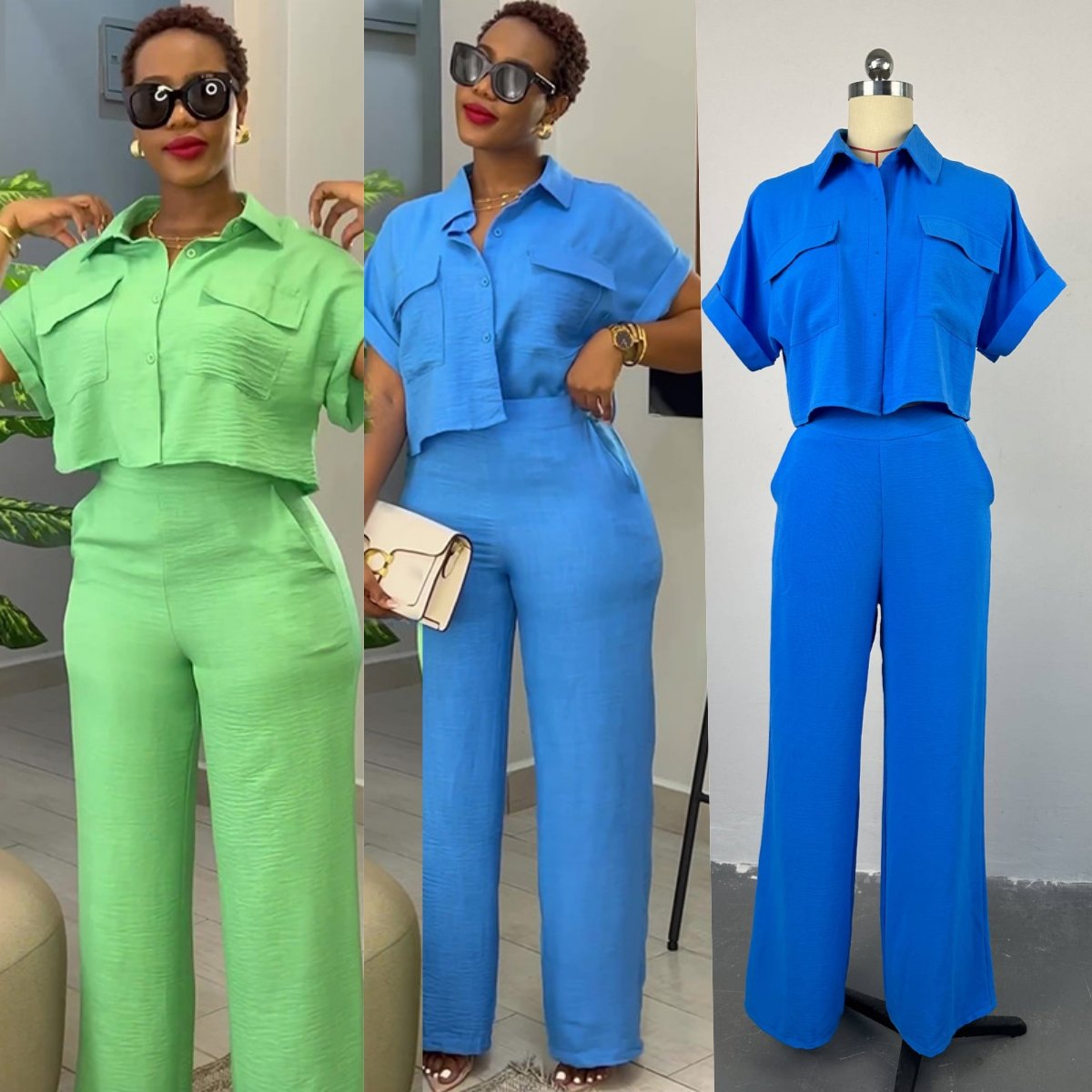 HK7043 Wholesale Spring Fashion Women's Sets Button Up Turn Down Collar Short Sleeved Shirt Wide Leg Pants Two Piece Set