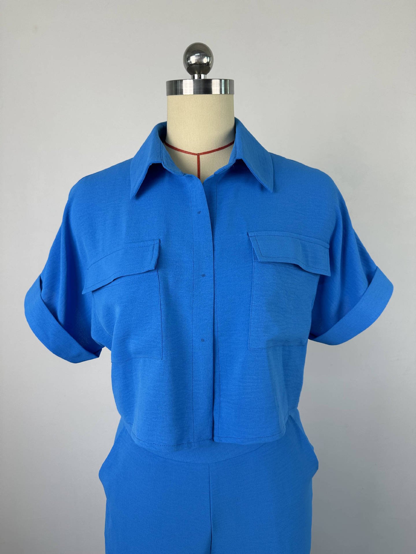 HK7043 Wholesale Spring Fashion Women's Sets Button Up Turn Down Collar Short Sleeved Shirt Wide Leg Pants Two Piece Set
