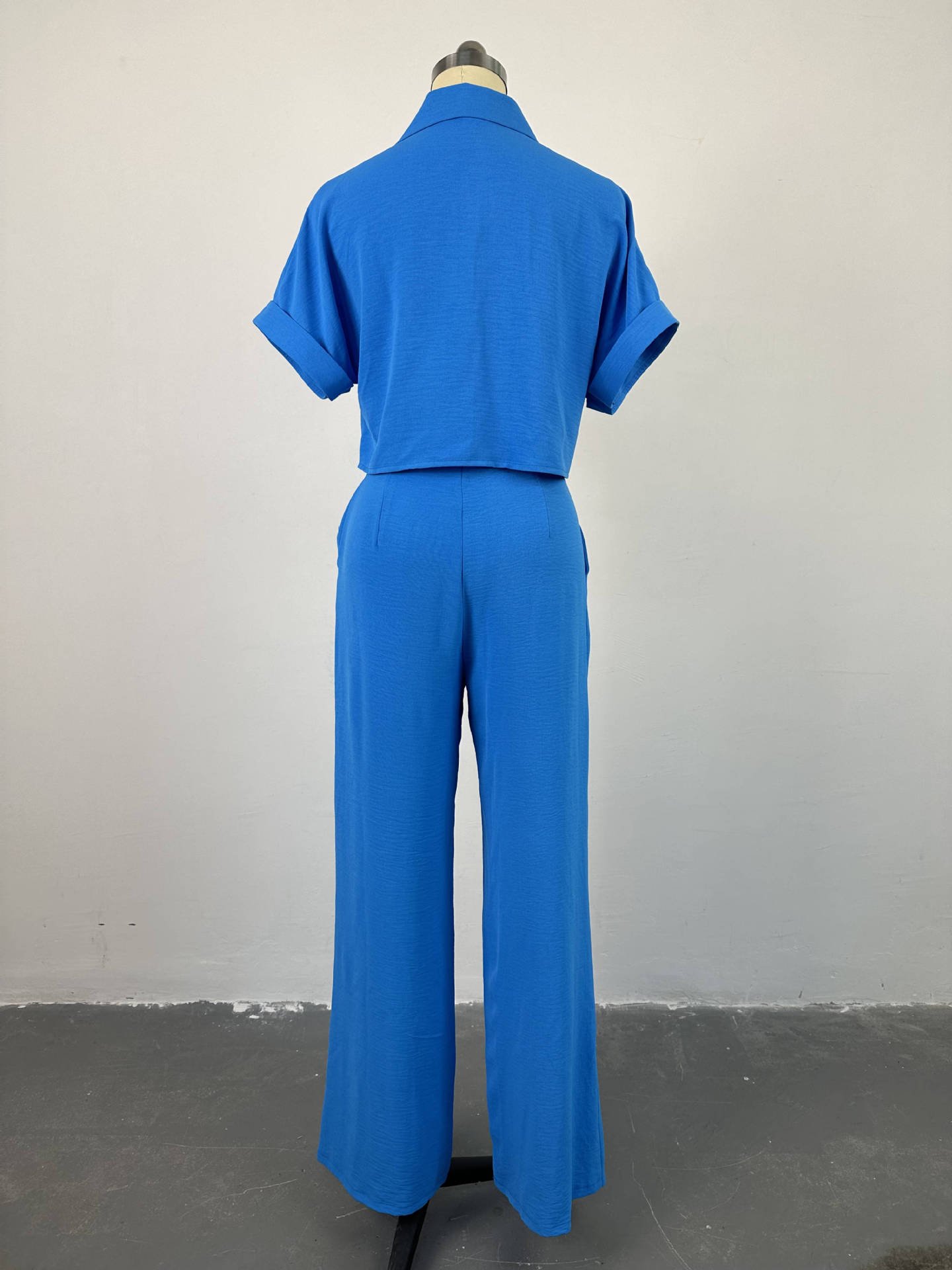HK7043 Wholesale Spring Fashion Women's Sets Button Up Turn Down Collar Short Sleeved Shirt Wide Leg Pants Two Piece Set