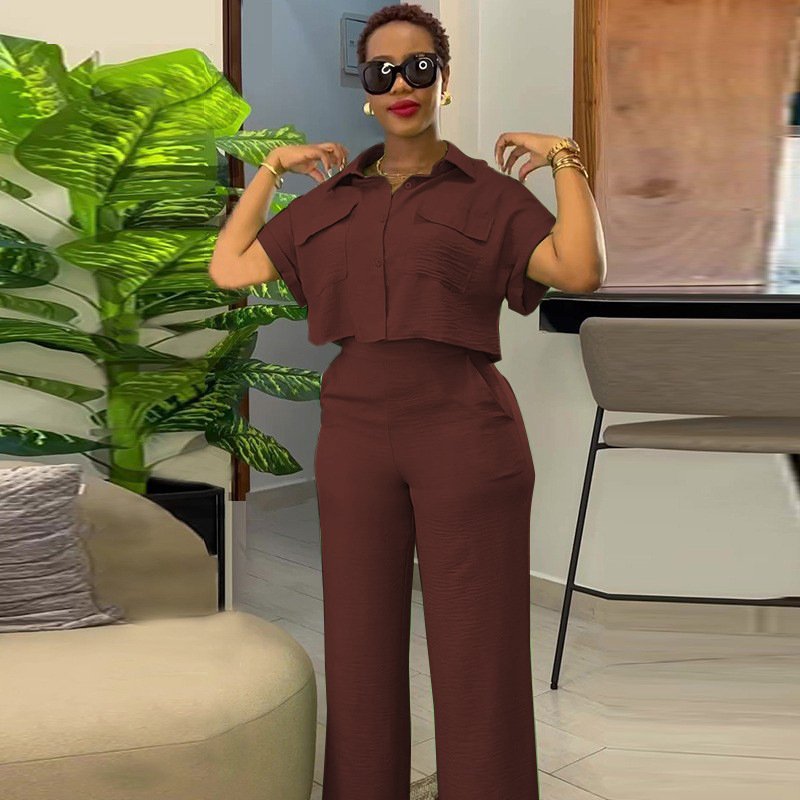 HK7043 Wholesale Spring Fashion Women's Sets Button Up Turn Down Collar Short Sleeved Shirt Wide Leg Pants Two Piece Set