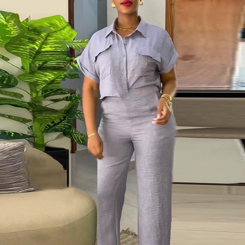 HK7043 Wholesale Spring Fashion Women's Sets Button Up Turn Down Collar Short Sleeved Shirt Wide Leg Pants Two Piece Set