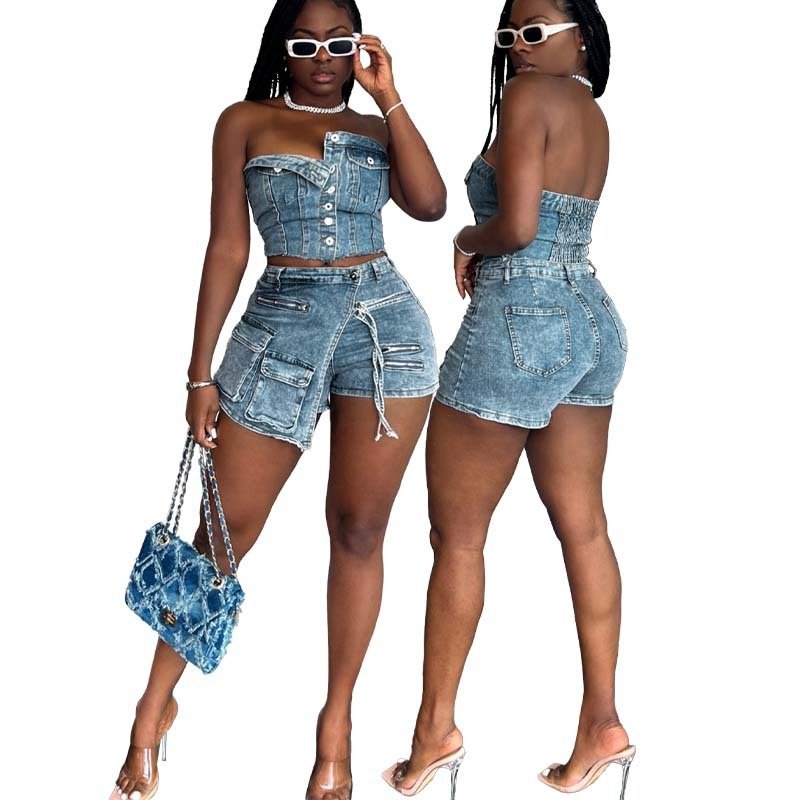 2024 Denim Women's Set Sleeveless Top High Waist Shorts Vacation Outfits For Woman 2 Piece Sets