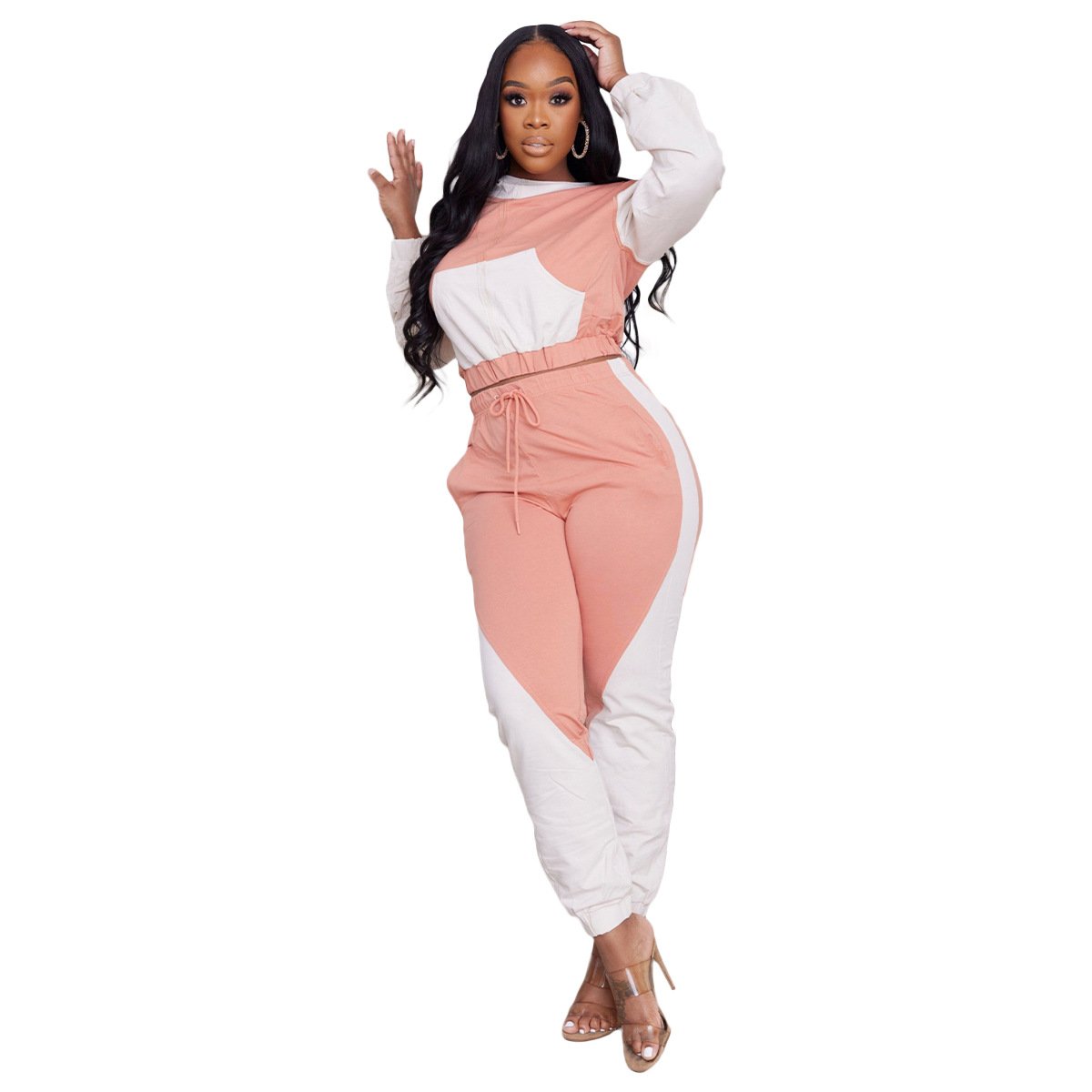 Women's Spring and Autumn 2024 women's splicing color contrast semi-high-neck hooded sports and leisure suit Jogger 2-piece set