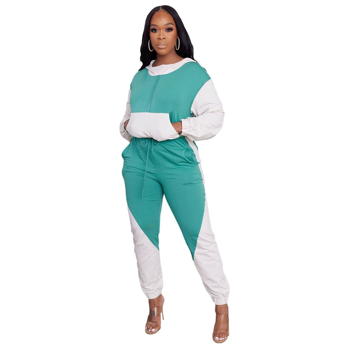 Women's Spring and Autumn 2024 women's splicing color contrast semi-high-neck hooded sports and leisure suit Jogger 2-piece set