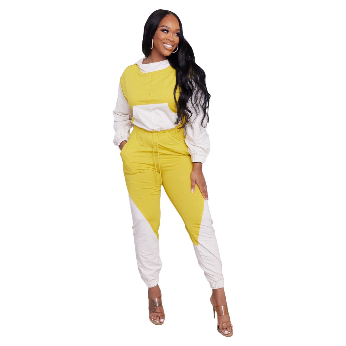 Women's Spring and Autumn 2024 women's splicing color contrast semi-high-neck hooded sports and leisure suit Jogger 2-piece set