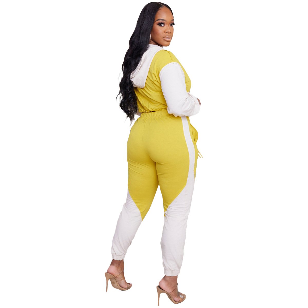 Women's Spring and Autumn 2024 women's splicing color contrast semi-high-neck hooded sports and leisure suit Jogger 2-piece set