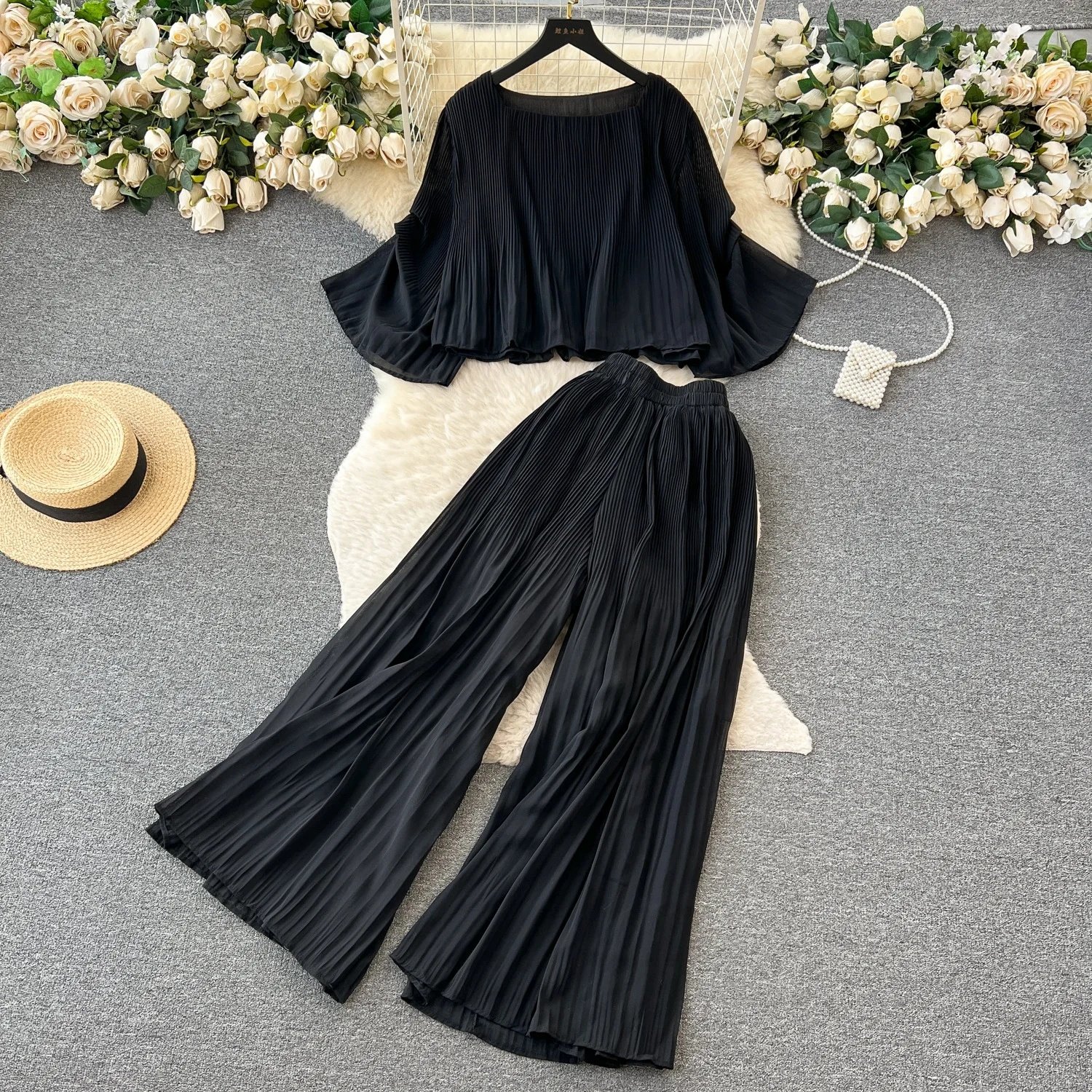 Retro Fashion Set Women's Summer Loose Short T-Shirt + High Waist Long Pants