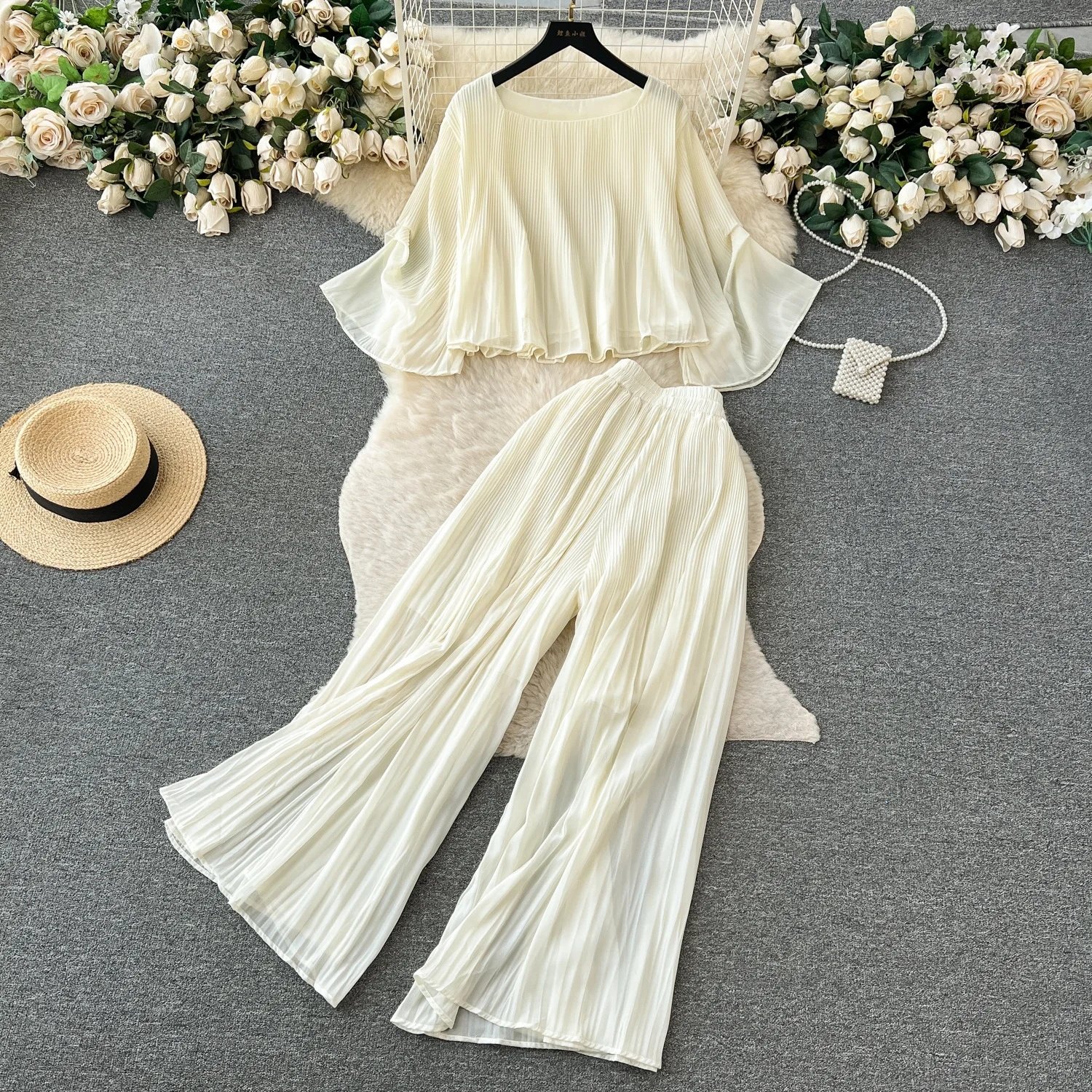 Retro Fashion Set Women's Summer Loose Short T-Shirt + High Waist Long Pants