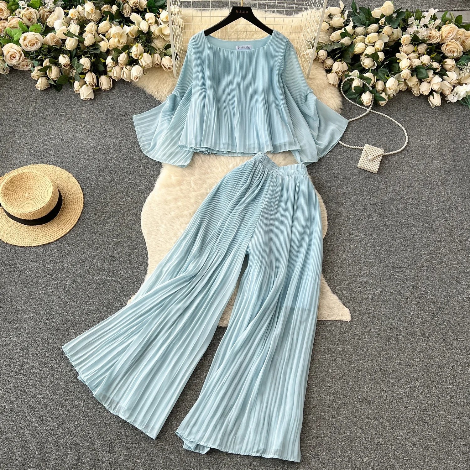 Retro Fashion Set Women's Summer Loose Short T-Shirt + High Waist Long Pants