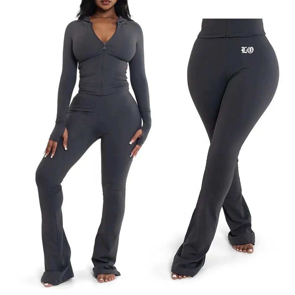 Womens Sets Two Piece Outfit Basics Hoodie and Flare Pants Zip Jacket Skinny Flared Pants Jogging Tracksuit Set Womens Clothing