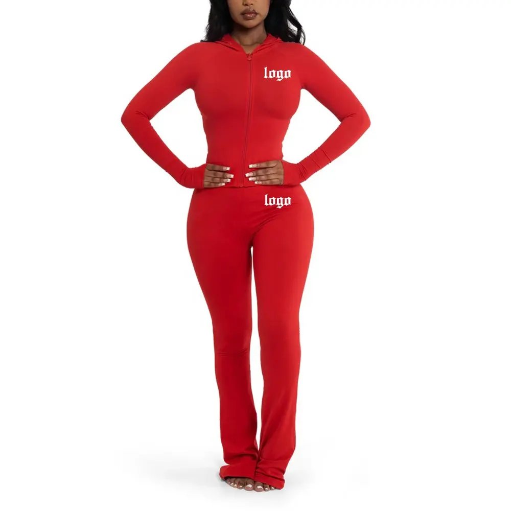Womens Sets Two Piece Outfit Basics Hoodie and Flare Pants Zip Jacket Skinny Flared Pants Jogging Tracksuit Set Womens Clothing