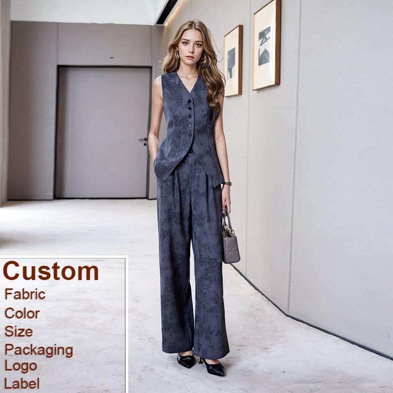 Custom Women's Sets Clothes Elegant Autumn and Spring New V-neck Sleeveless Tops Wide Tube Long Pants Two Piece Set