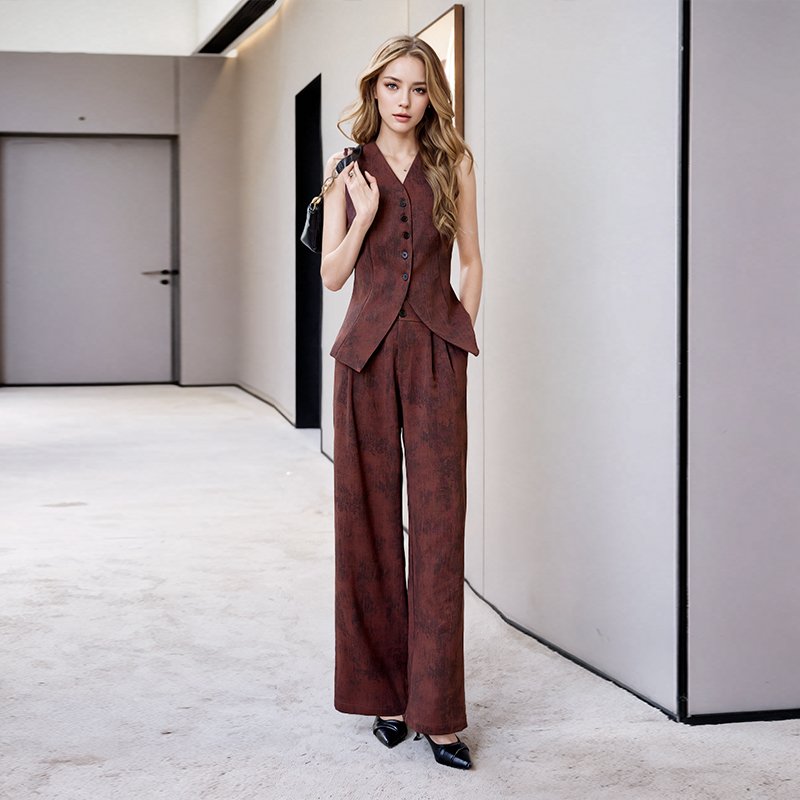 Custom Women's Sets Clothes Elegant Autumn and Spring New V-neck Sleeveless Tops Wide Tube Long Pants Two Piece Set