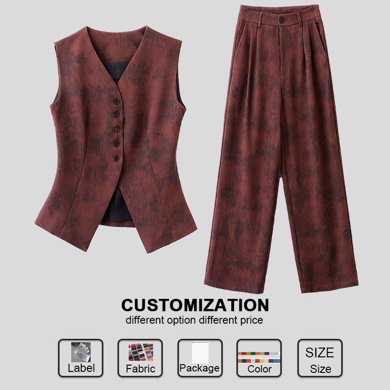 Custom Women's Sets Clothes Elegant Autumn and Spring New V-neck Sleeveless Tops Wide Tube Long Pants Two Piece Set