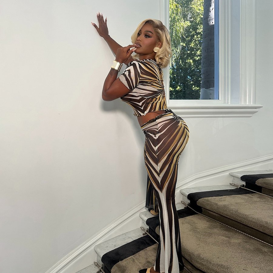 Kliou K24S54711 Mesh Print Two Pieces Pants Sets Flare Leg 2 Piece Set Women Casual Women's Set