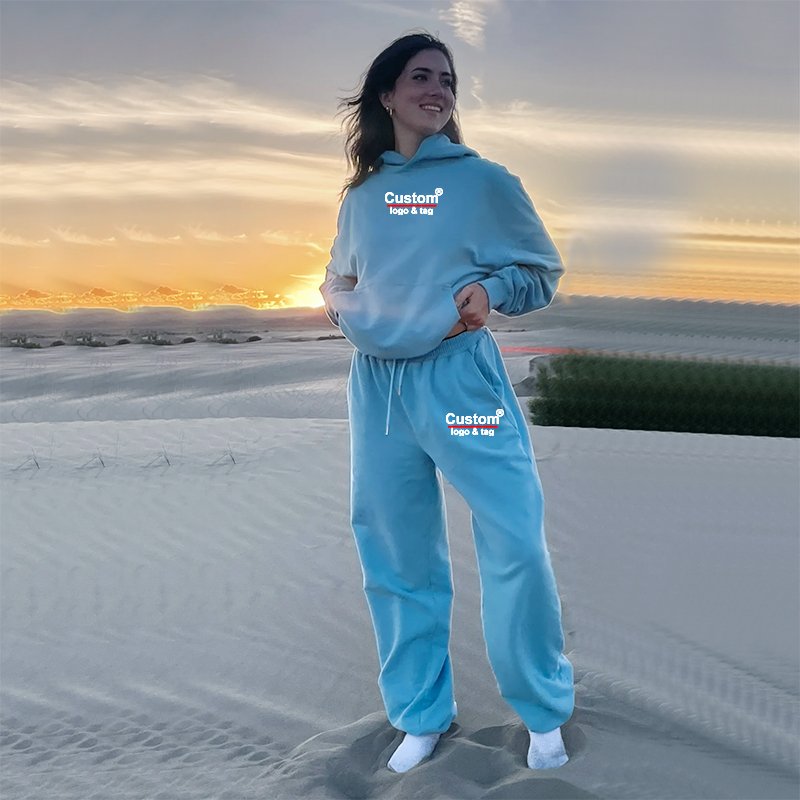 Customized Women Two Piece Outfits Hoodies Sweatsuits Fall Casual Loose Wide Leg Sweat Lounge Sets With Pocket & Embroidery Logo