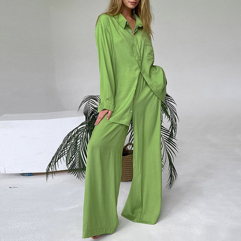 2022 New Arrival Cotton long sleeve Blouse wide leg trousers loose women's clothing sweater two-piece pants sets