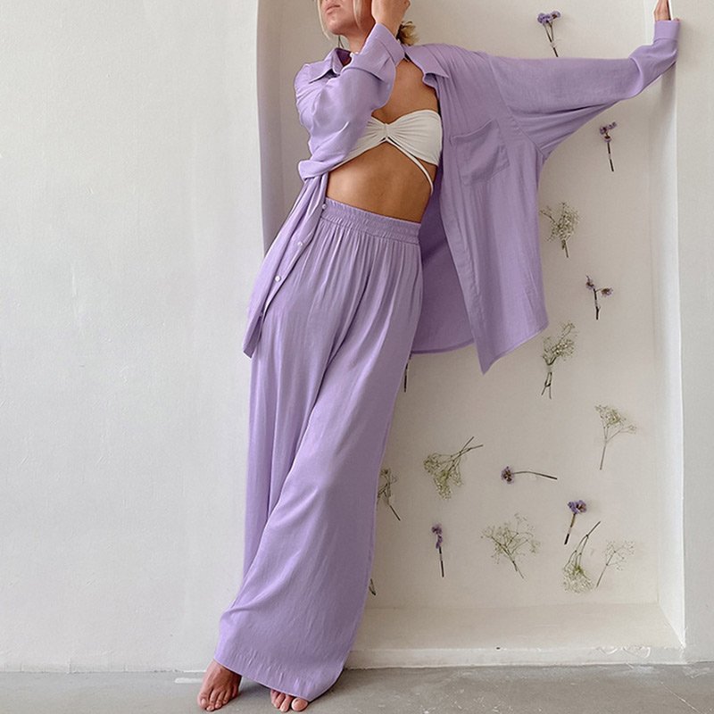 2022 New Arrival Cotton long sleeve Blouse wide leg trousers loose women's clothing sweater two-piece pants sets