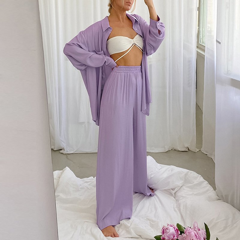 2022 New Arrival Cotton long sleeve Blouse wide leg trousers loose women's clothing sweater two-piece pants sets