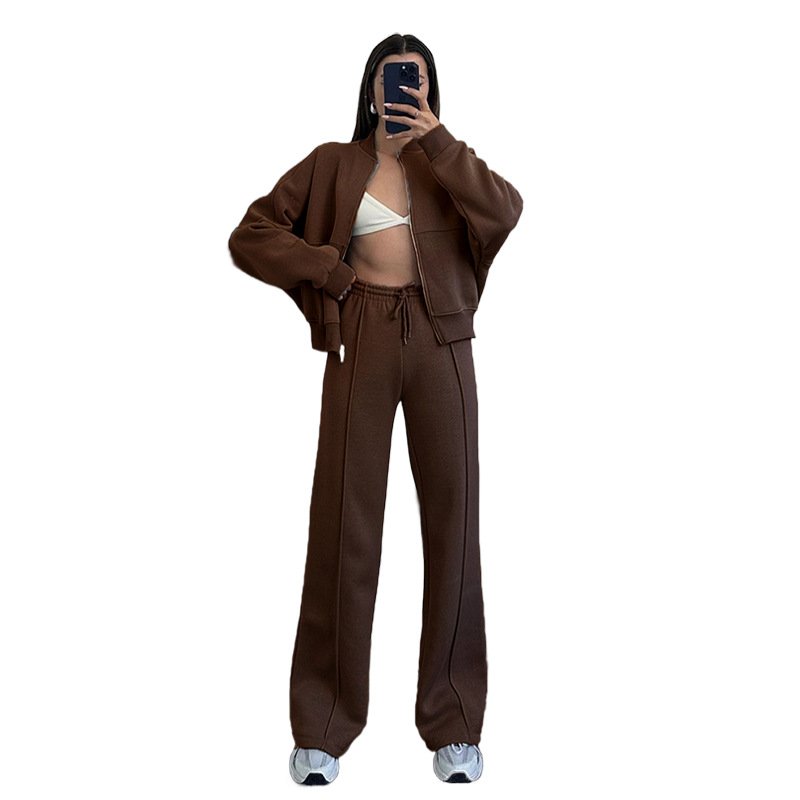 2025 New Style Solid Color Zipper Two Piece Set Women Clothing Embroidery Winter Jacket Tracksuits Straight Pant Women'S Sets