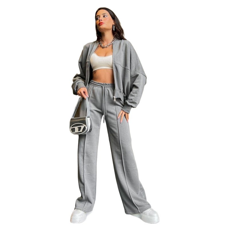 2025 New Style Solid Color Zipper Two Piece Set Women Clothing Embroidery Winter Jacket Tracksuits Straight Pant Women'S Sets