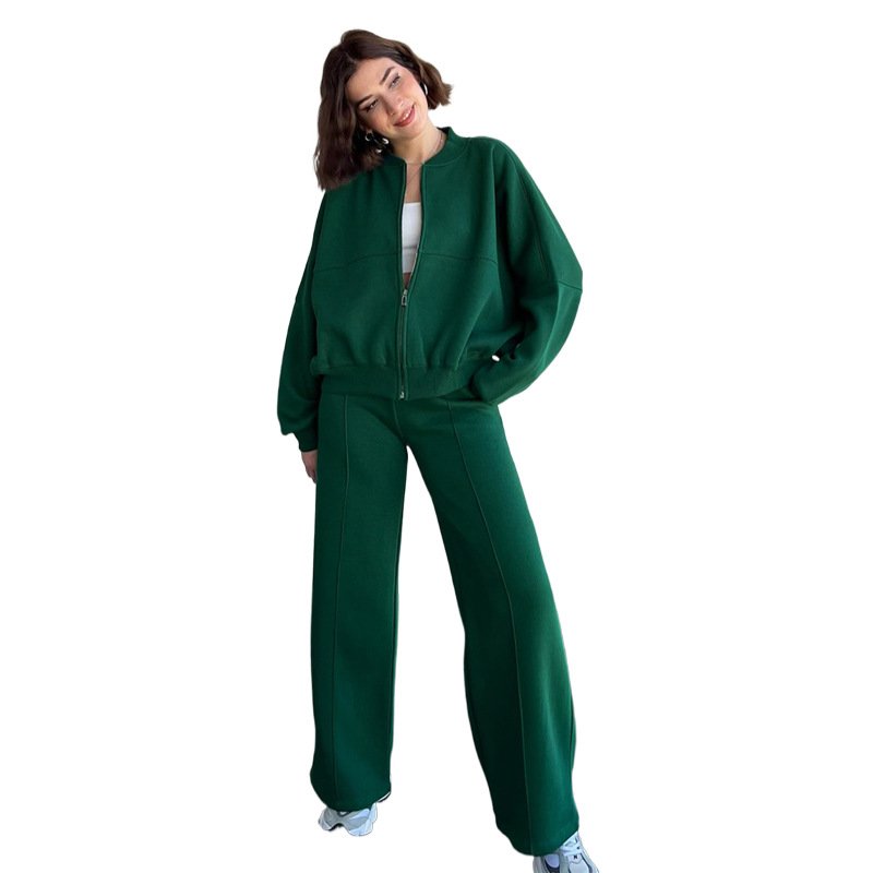 2025 New Style Solid Color Zipper Two Piece Set Women Clothing Embroidery Winter Jacket Tracksuits Straight Pant Women'S Sets