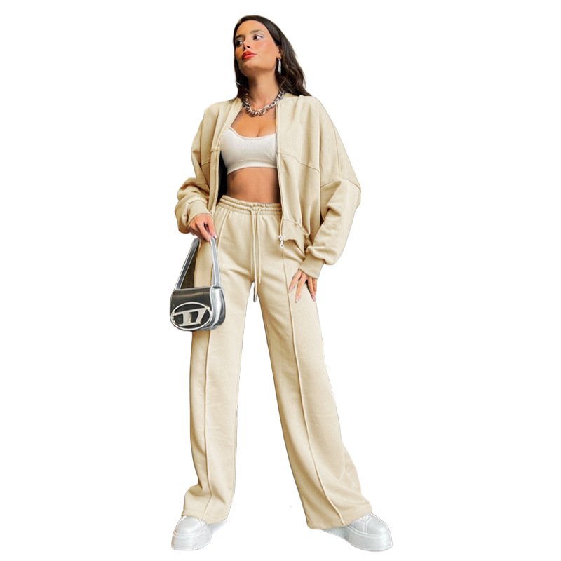 2025 New Style Solid Color Zipper Two Piece Set Women Clothing Embroidery Winter Jacket Tracksuits Straight Pant Women'S Sets